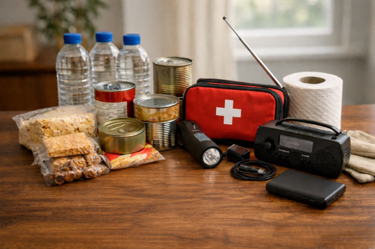 Neatly organized 72-hour emergency supplies on a table at home