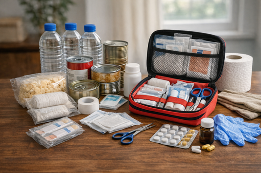 Open home first aid kit with bandages, gauze, scissors and medical supplies on a wooden table.