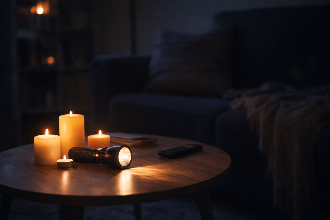 Living room during a power outage with flashlight and candles on a table