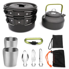 Kampeer kookgerei set met theepot en geïsoleerde bekers