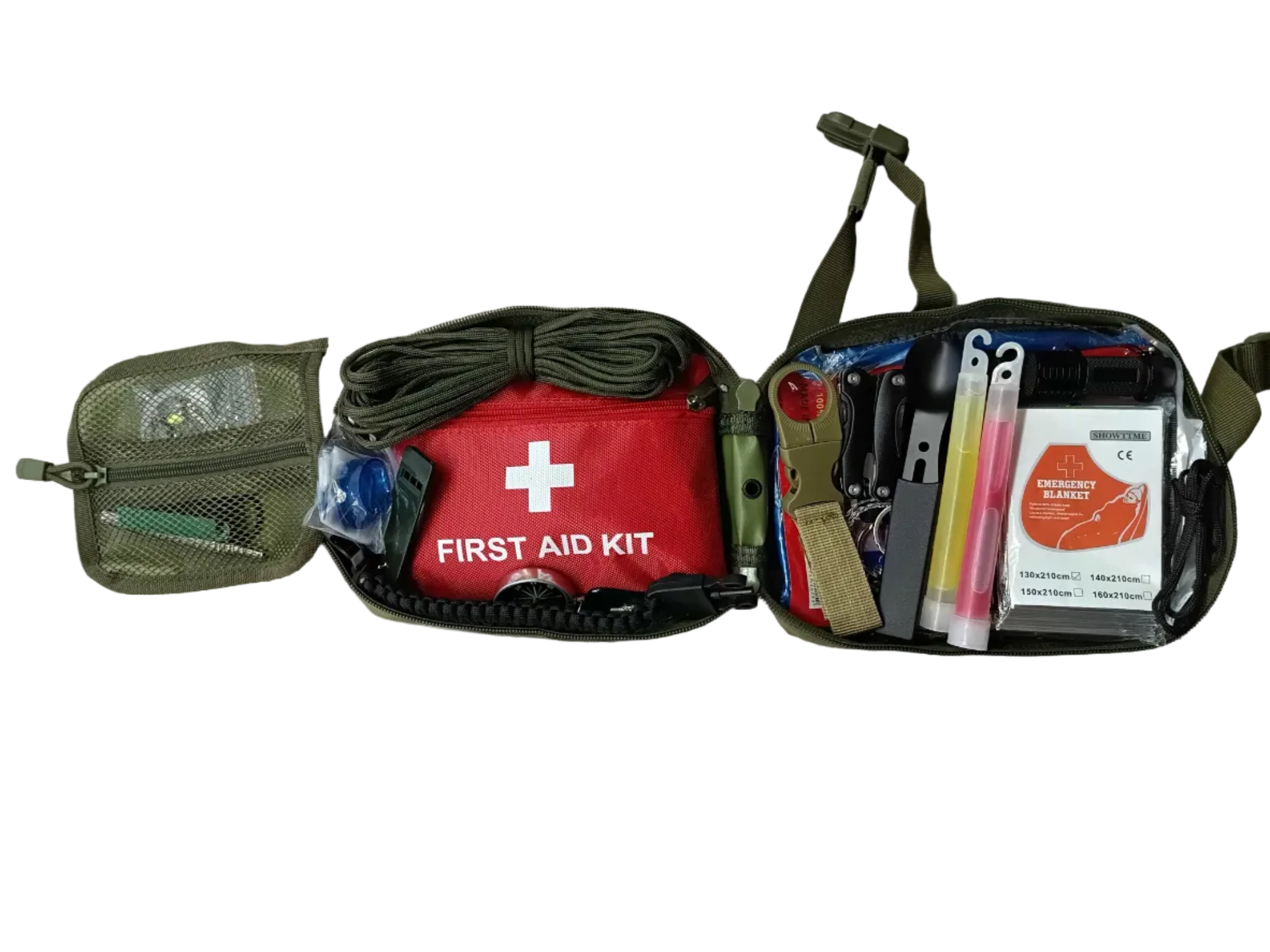 Open first aid kit with various contents on a wooden surface