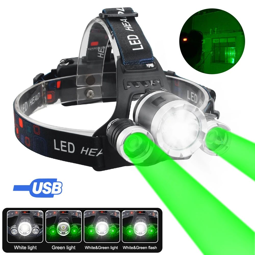 Led Headlamp Red Green White Purple Light USB Rechargeable